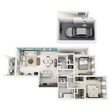 Rendering of the Garnet floor plan with 2 bedroom[s] and 2 bathroom[s] at Altis Kendall Square