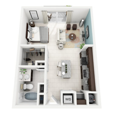 Rendering of the Auburn floor plan with a Studio bedroom and 1 bathroom[s] at Altis Kendall Square