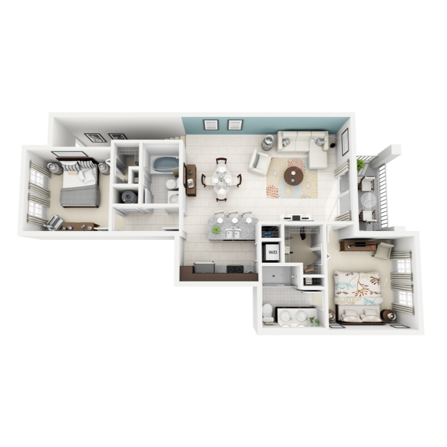 Rendering of the Raspberry NG floor plan with 2 bedroom[s] and 2 bathroom[s] at Altis Kendall Square
