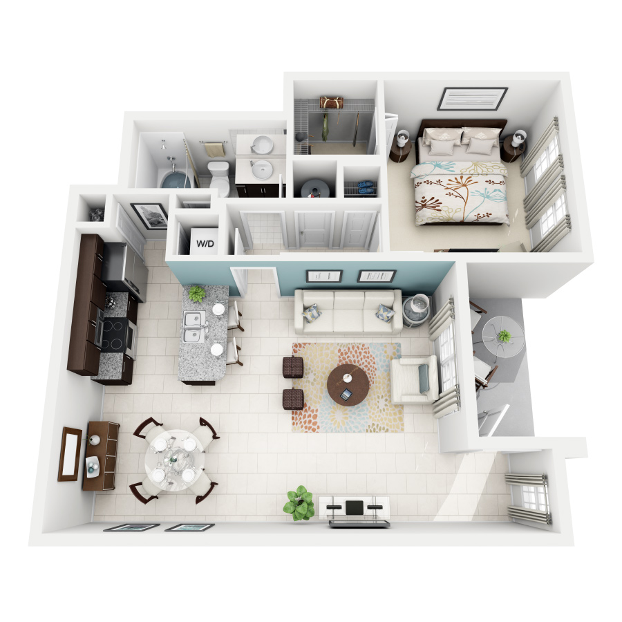 Rendering of the Burgundy floor plan with 1 bedroom[s] and 1 bathroom[s] at Altis Kendall Square