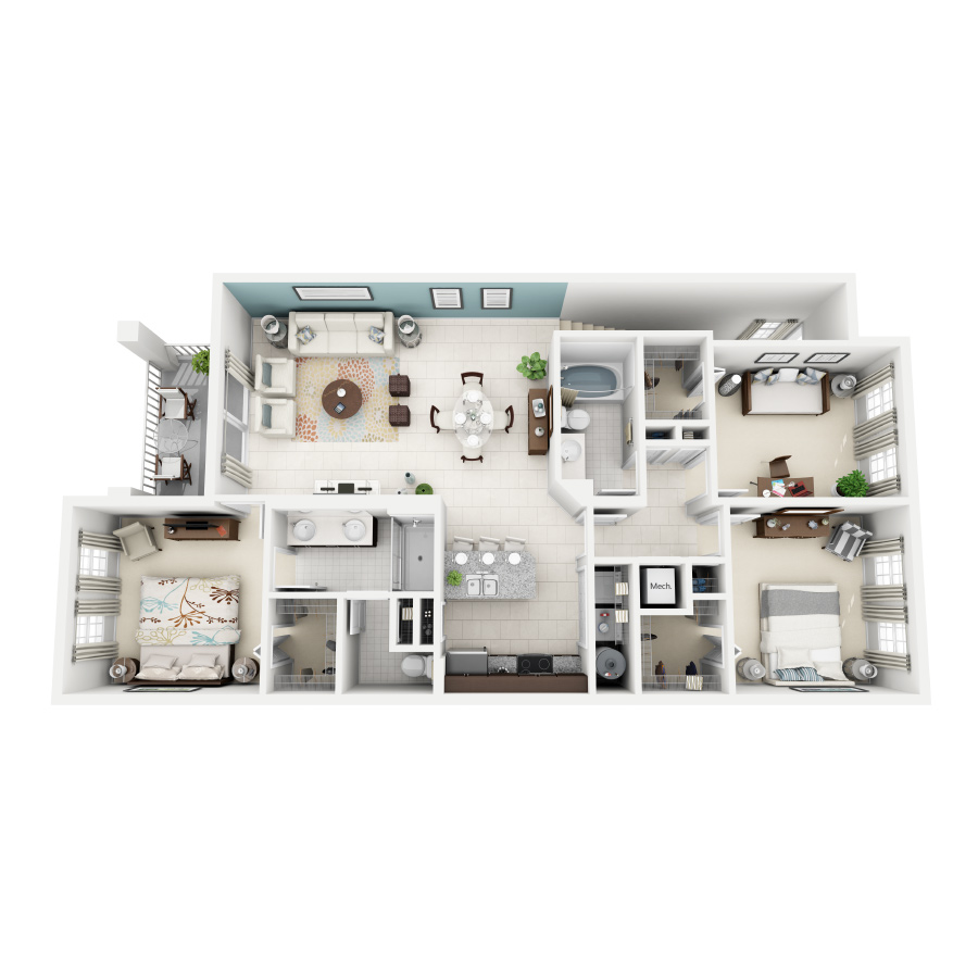 Rendering of the Scarlett NG floor plan with 3 bedroom[s] and 2 bathroom[s] at Altis Kendall Square