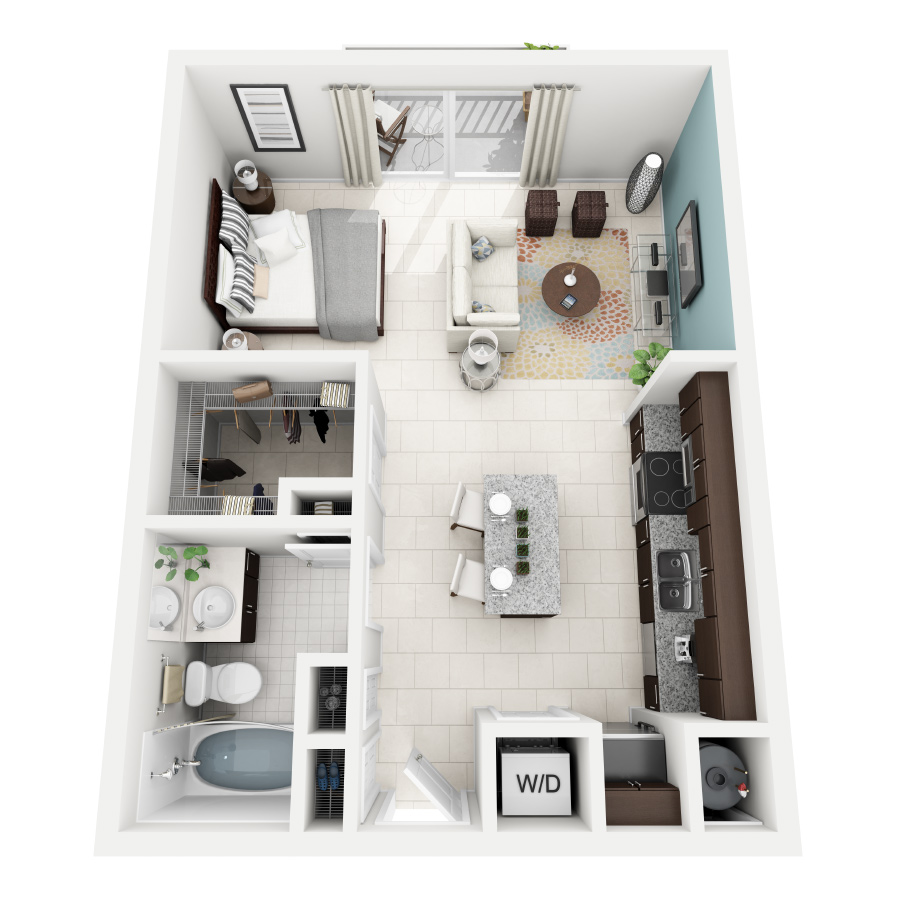 Rendering of the Auburn floor plan with a Studio bedroom and 1 bathroom[s] at Altis Kendall Square