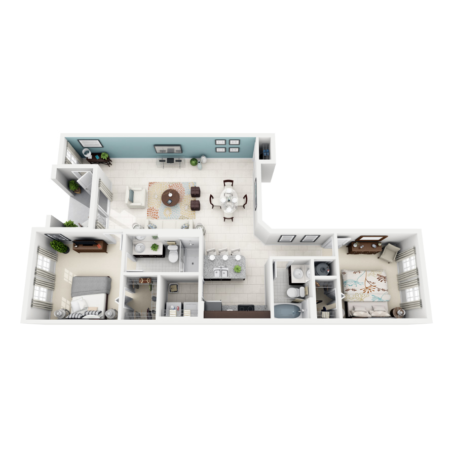 Rendering of the Rose floor plan with 2 bedroom[s] and 2 bathroom[s] at Altis Kendall Square