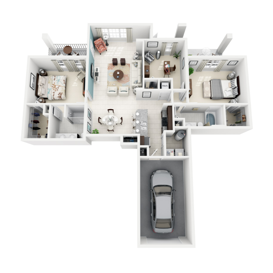 Rendering of the Ruby floor plan with 3 bedroom[s] and 2 bathroom[s] at Altis Kendall Square