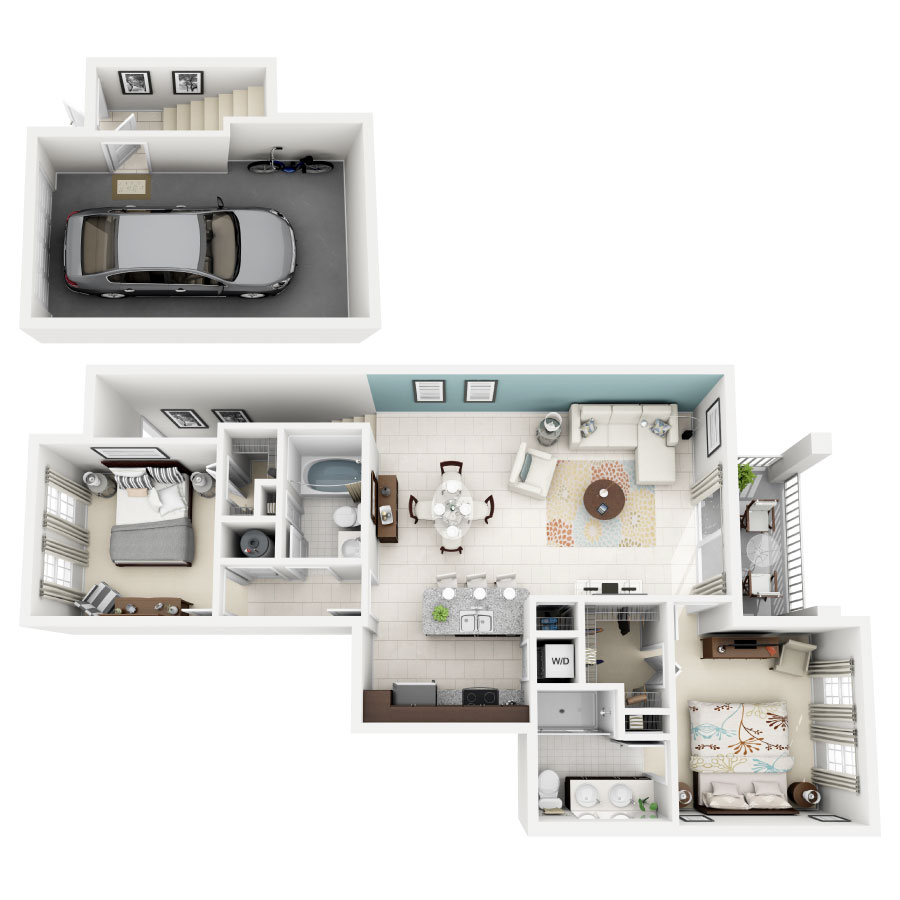 Rendering of the Raspberry floor plan with 2 bedroom[s] and 2 bathroom[s] at Altis Kendall Square